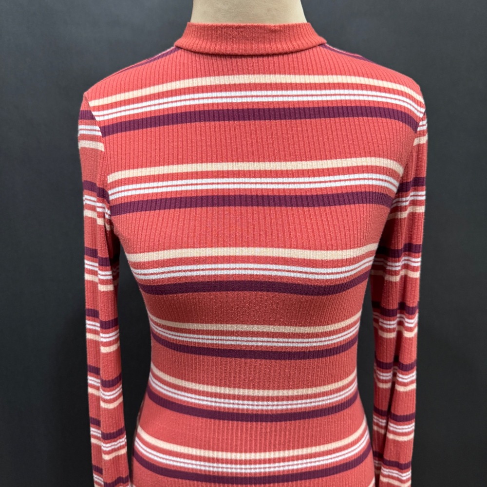 Arizona Jean Co Striped Ribbed Mock Neck Long Sleeve Bodycon Dress XS Coral